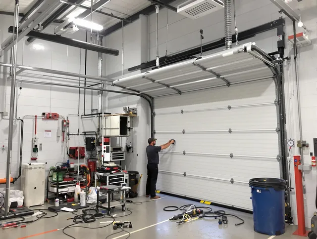 Torrington Garage Door Repair certified technician performing commercial door repair at a Torrington business facility