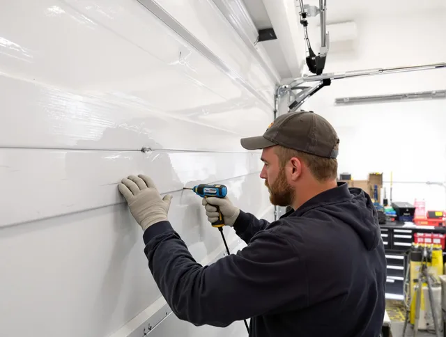 Torrington Garage Door Repair technician demonstrating precision dent removal techniques on a Torrington garage door