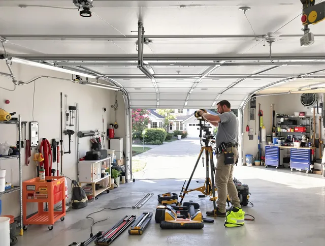 Torrington Garage Door Repair specialist performing laser-guided track alignment in Torrington